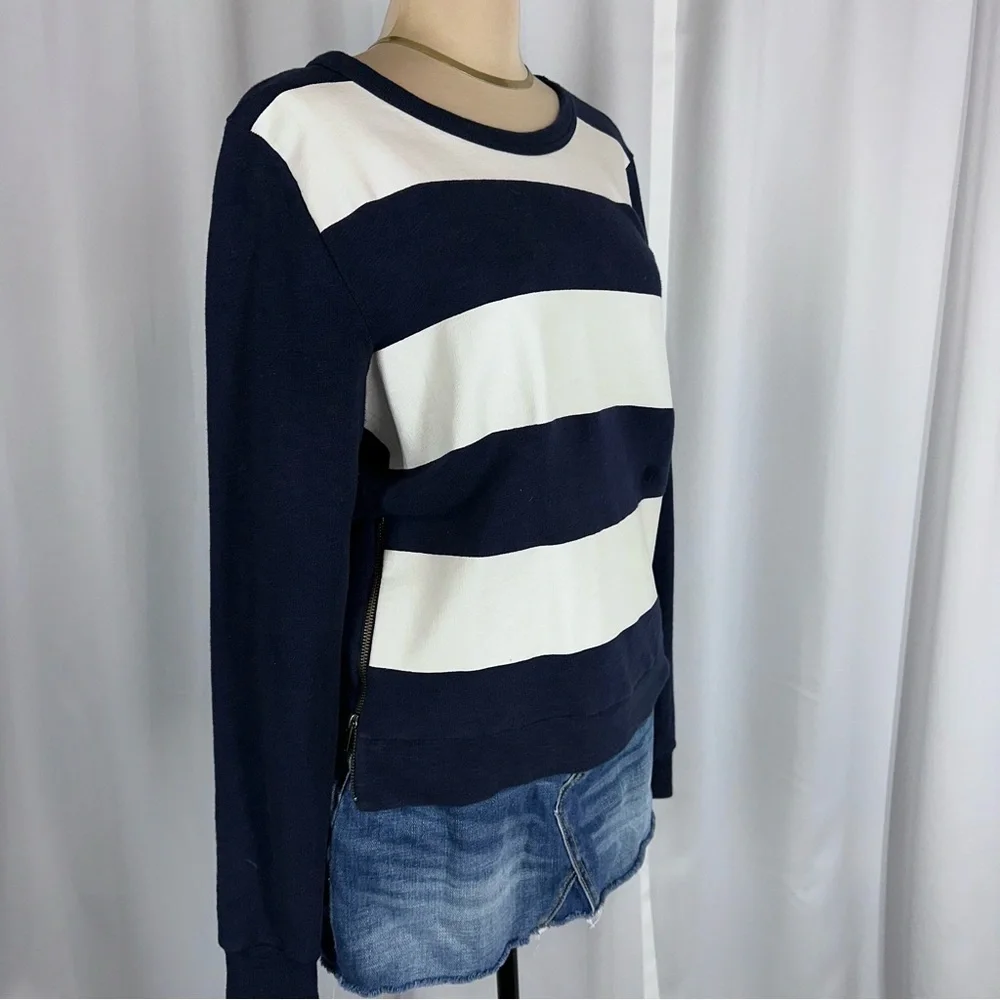 J Crew French Terry Pullover Top Navy White Bold‎ Stripes Side Zipper Nautical M